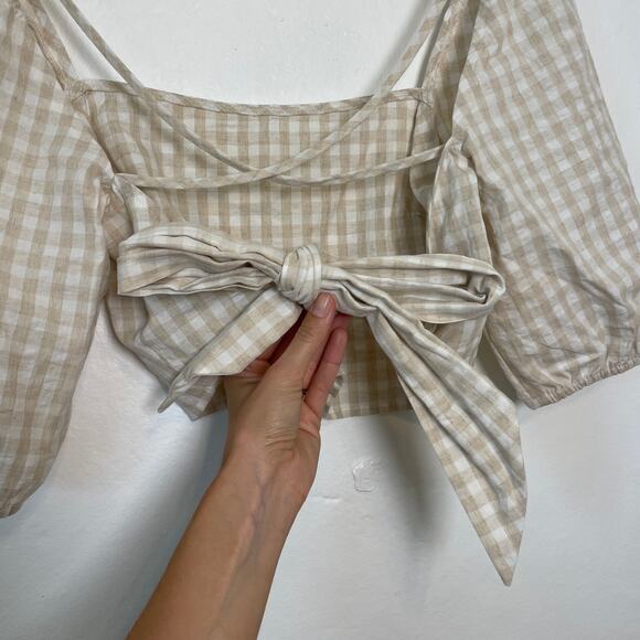 H&M – Gingham Check Linen Cotton Blend Puff Sleeve Open Back Blouse - Picture 6 of 9